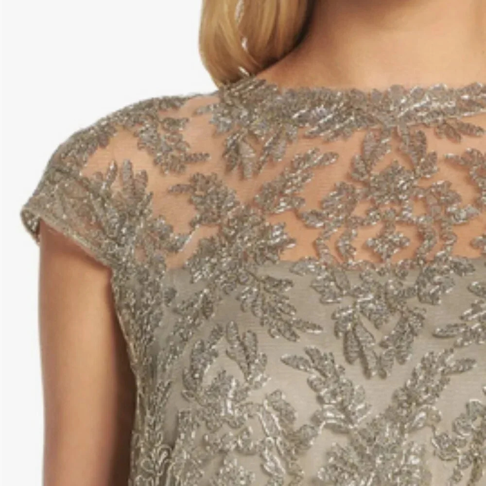Tadashi Shoji Embroidered Metallic Blouson Dress in Smoke Pearl. Sz: 10 - Picture 3 of 10